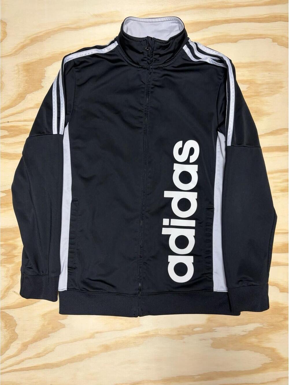 Adidas Boys L Tracksuit Striped Shoulder Long Sleeve Full Zip Black White Jacket